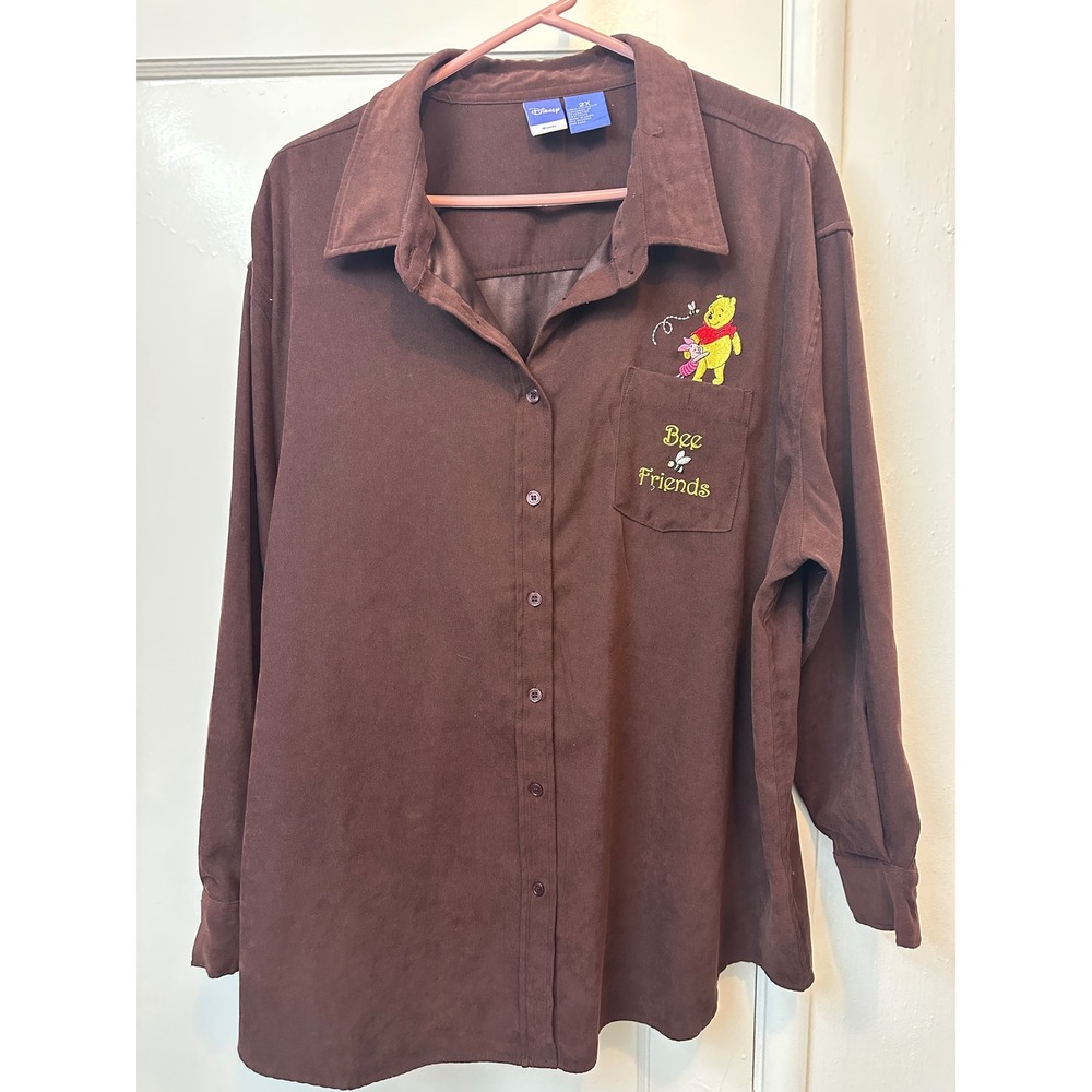 Disney Winnie the Pooh Bee Friends Brown Faux Suede Button Down Shirt Womens 2X